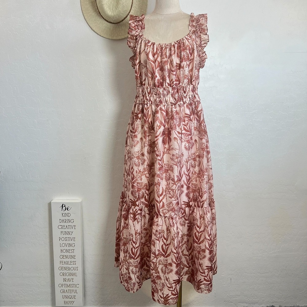 MELLODAY garden floral maxi sun pink red dress L regency cottage core boho chic